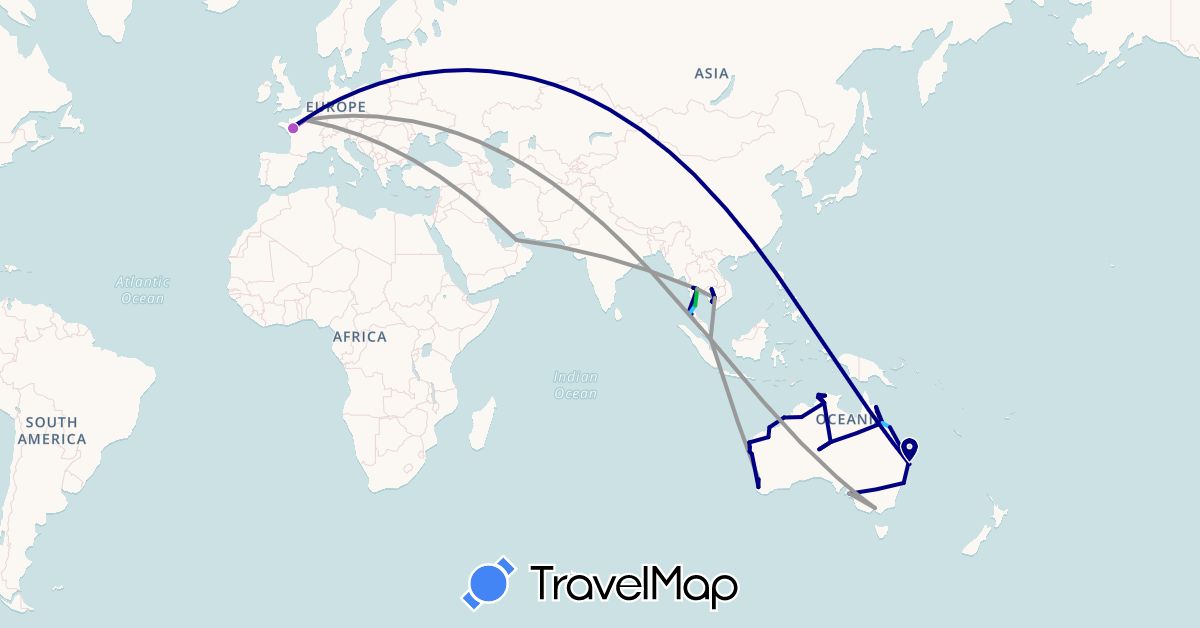 TravelMap itinerary: driving, bus, plane, train, boat in United Arab Emirates, Australia, France, Cambodia, Singapore, Thailand (Asia, Europe, Oceania)